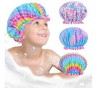 Shower Cap for Kids, 3 Pcs Kids Shower Caps for Girls, Cute Rainbow Hair Cap Wide Elastic Band, Plastic Reusable Waterproof Toddler Shower Cap, Large Bath Cap for Kids Girls Women