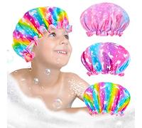 Shower Cap for Kids, 3 Pcs Kids Shower Caps for Girls, Cute Rainbow Hair Cap Wide Elastic Band, Plastic Reusable Waterproof Toddler Shower Cap, Large Bath Cap for Kids Girls Women
