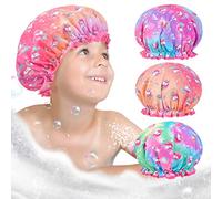 Shower Cap for Kids, 3 Pcs Kids Shower Caps for Girls, Cute Rainbow Hair Cap Wide Elastic Band, Plastic Reusable Waterproof Toddler Shower Cap, Large Bath Cap for Kids Girls Women