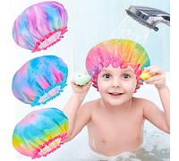 Shower Cap for Kids, 3 Pcs Kids Shower Caps for Girls, Cute Rainbow Hair Cap Wide Elastic Band, Plastic Reusable Waterproof Toddler Shower Cap, Large Bath Cap for Kids Girls Women