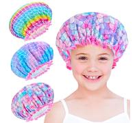 Shower Cap For Kids Toddler Girls 3 Pcs Reusable Plastic Rainbow Unicorn Shower Cap For Girls Adjustable Cute Mermaid Hair Cap Waterproof Childrens Women Head Cap For Hair