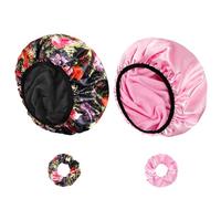 Shower Cap for Women, 2 PCS 3 Layers Terry Lined Shower Caps + 2 Satin Scrunchies, Waterproof Terry Cloth Bath Caps Elastic and Reusable Hair Cap for Shower - (Pink+Flower A)