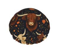 Shower Cap For Women Adorable Highland Cow And Flowers Bath Hair Cap for
