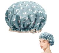 Shower Cap for Women, Elastic Band Waterproof Plastic Shower Cap, Double Layers Reusable With Ruffled Edge Covering Ears for Long, Short and Curly Hair (Blue Bird)