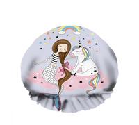 Shower Cap for Women Hand Drawn Girlish Little Unicorn Mermaid Sitting at The Pink Cloud Rainbow Stars Double WaterproofBathing Hat Reusable Waterproof