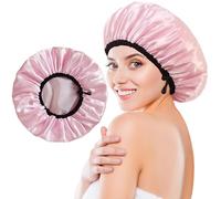 Shower Cap for Women, Large Shower Caps Reusable Waterproof with Elastic Band, Silky Satin Double-layer Bath Cap for Braids Long Hair