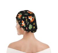 Shower Cap For Women Red Mushroom Green Leaves Flowers Flower Fox Black