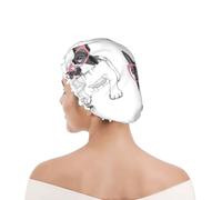 Shower Cap For Women UK & Men Reusable Waterproof with Elastic Band Printed Black Frenchie Cartoon French Bulldog Pink Glasses White Dog