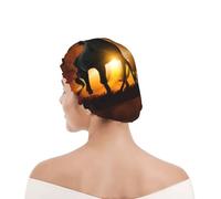 Shower Cap For Women UK & Men Reusable Waterproof with Elastic Band Printed Black Horses Red Glowing Clouds Printed