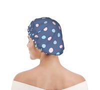Shower Cap For Women UK & Men Reusable Waterproof with Elastic Band Printed Crayon Dots Navy Blue Background