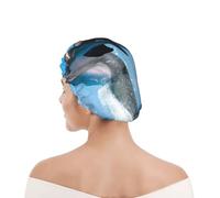 Shower Cap For Women UK & Men Reusable Waterproof with Elastic Band Printed Dolphins Jumping Winter