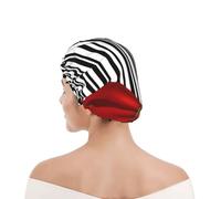 Shower Cap For Women UK & Men Reusable Waterproof with Elastic Band Printed Elegant Black And White Stripes And Red Bow