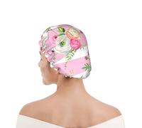 Shower Cap For Women UK & Men Reusable Waterproof with Elastic Band Printed Flowers Pink Stripes