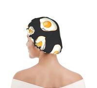 Shower Cap For Women UK & Men Reusable Waterproof with Elastic Band Printed Food Fried Eggs Dark