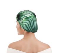 Shower Cap For Women UK & Men Reusable Waterproof with Elastic Band Printed Green Tropical Plant Leaves Printed
