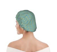 Shower Cap For Women UK & Men Reusable Waterproof with Elastic Band Printed Herringbone Pattern Faux Gold Foil Teal Geometric
