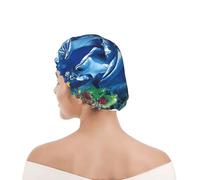 Shower Cap For Women UK & Men Reusable Waterproof with Elastic Band Printed Marine Life Blue Sea World Coral Dolphin