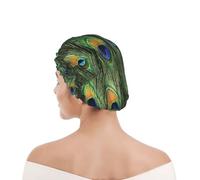 Shower Cap For Women UK & Men Reusable Waterproof with Elastic Band Printed Peacock Tail Feathers