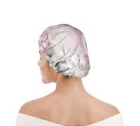 Shower Cap For Women UK & Men Reusable Waterproof with Elastic Band Printed Pink Flowers Watercolor Floral Rose Gray Leaves Splash