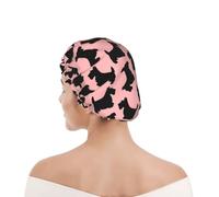 Shower Cap For Women UK & Men Reusable Waterproof with Elastic Band Printed Scottish Terrier Pattern Pink Black