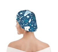 Shower Cap For Women UK & Men Reusable Waterproof with Elastic Band Printed Smiling Shark Sea Animals Fishes Starfish Blue