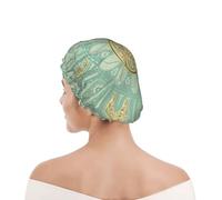Shower Cap For Women UK & Men Reusable Waterproof with Elastic Band Printed Soft Sage Green And Gold Celtic Mandala
