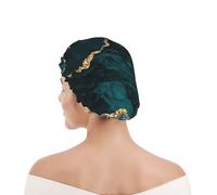 Shower Cap For Women UK & Men Reusable Waterproof with Elastic Band Printed Teal Emerald Marble L And Scapes