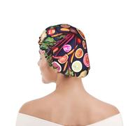 Shower Cap For Women UK & Men Reusable Waterproof with Elastic Band Printed Vegan Live Fruits Vegetables Print