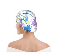 Shower Cap For Women UK & Men Reusable Waterproof with Elastic Band Printed Watercolor Blue Flower Dragonfly