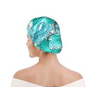 Shower Cap For Women UK & Men Reusable Waterproof with Elastic Band Printed Waves Sketch Seagull Birds