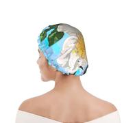 Shower Cap For Women UK & Men Reusable Waterproof with Elastic Band Printed White Flower Prickly Floral Watercolor Sky