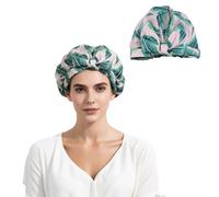 Shower Cap for Women, Waterproof Reusable Shower Cap with Leaf Print Design, Oxford Cloth Construction, Elasticated Shower Hat for Long, Short and Curly Hair Protection in Shower, Spa and Travel