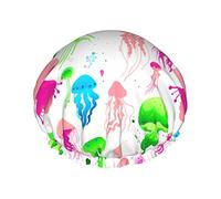 Shower Cap Glowing Colorful Jellyfish Reusable Bath Shower Caps for Women Long Hair,Double Layer Waterproof Bathing Shower Hat Hair Protector for Kids Girls Women