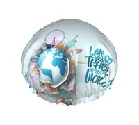 Shower Cap, Let's Go Travel Around the World Shower Cap for Women, Reusable, Waterproof, Hair Cap for Shower, Double Layer Elastic Band, Long Hair Swimming Caps