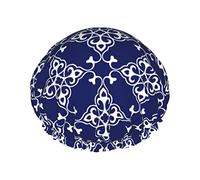 Shower Cap Moroccan Navy Blue Reusable Bath Shower Caps For Women Long Hair,Double Layer Waterproof Bathing Shower Hat Hair Protector For Kids Girls Women,1 Pack