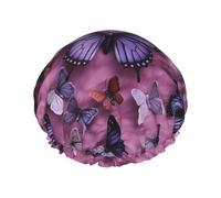 Shower Cap Reusable Bath Caps for Women Long Hair Double Layer Waterproof Hair Caps All butterflies are on purple background Elastic Shower Hat Hair Protector for Ladies Spa Salon