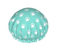 Shower Cap Small Dog Paw Prints On Blue Reusable Bath Cap Elastic Bathing Shower Hat Soft Waterproof For Hair Caps Of All Hair Lengths
