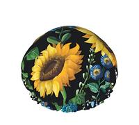 Shower Cap, Sunflower And Blue Flowers Reusable Bath Shower Caps For Women Long Hair, Double Layer Waterproof Bathing Shower Hat Hair Protector For Kids Girls Women, 1 Pack
