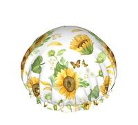 Shower Cap,Sunflower Butterfly Yellow Reusable Bath Shower Caps For Women Long Hair,Double Layer Waterproof Bathing Shower Hat Hair Protector For Kids Girls Women,1 Pack