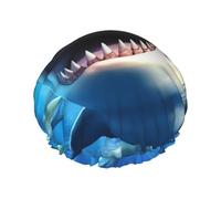 Shower Cap with Elastic Reusable Bath Cap for Women Soft Double Layer Waterproof Hair Cap Hungry Sharks Shower Caps for Long Short and Curly Hairs