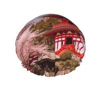 Shower Cap with Elastic Reusable Bath Cap for Women Soft Double Layer Waterproof Hair Cap Red Architecture Cherry Blossoms Shower Caps for Long Short and Curly Hairs