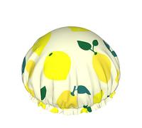 Shower Cap, Yellow Lemon With Leaves Reusable Bath Shower Caps For Women Long Hair, Double Layer Waterproof Bathing Shower Hat Hair Protector For Kids Girls Women, 1 Pack