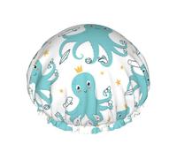 Shower Caps, Cute Octopus Green Shower Cap for Women Reusable Waterproof, Hair Cap for Shower, Double Layers Elastic Band Long Hair Bath Caps