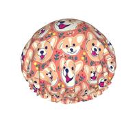 Shower Caps for Women, Cute Corgi Dog Flower Reusable Hair Cap for Shower, Double Layers Hair Cap for Shower with Peva Lining and Elastic Rope