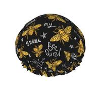 Shower Caps for Women, Hohey Bee Golden Embroidery Reusable Hair Cap for Shower, Double Layers Hair Cap for Shower with Peva Lining and Elastic Rope