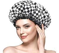 Shower Caps for Women Reusable Waterproof - Flexi Satin Lined, Non-slip, Quick-dry, Adjustable, Stylish Hair Cap for Long & Short Hair - Terracotta Checker