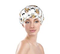 Shower Caps for Women, Reusable Waterproof Shower Cap, Double Layers Elastic Band Long Hair Bath Caps, cute Halloween corgi dog bat Hair Cap for Shower