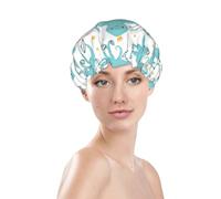 Shower Caps for Women, Reusable Waterproof Shower Cap, Double Layers Elastic Band Long Hair Bath Caps, Cute Octopus Green Hair Cap for Shower