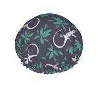 Shower Caps, Gecko Lizard Leaves Green Shower Cap for Women Reusable Waterproof, Hair Cap for Shower, Double Layers Elastic Band Long Hair Bath Caps
