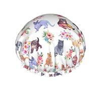 Shower Caps Watercolor Flower Cats Bath Cap for Women Waterproof & Adjustable Double Layered Shower Cap